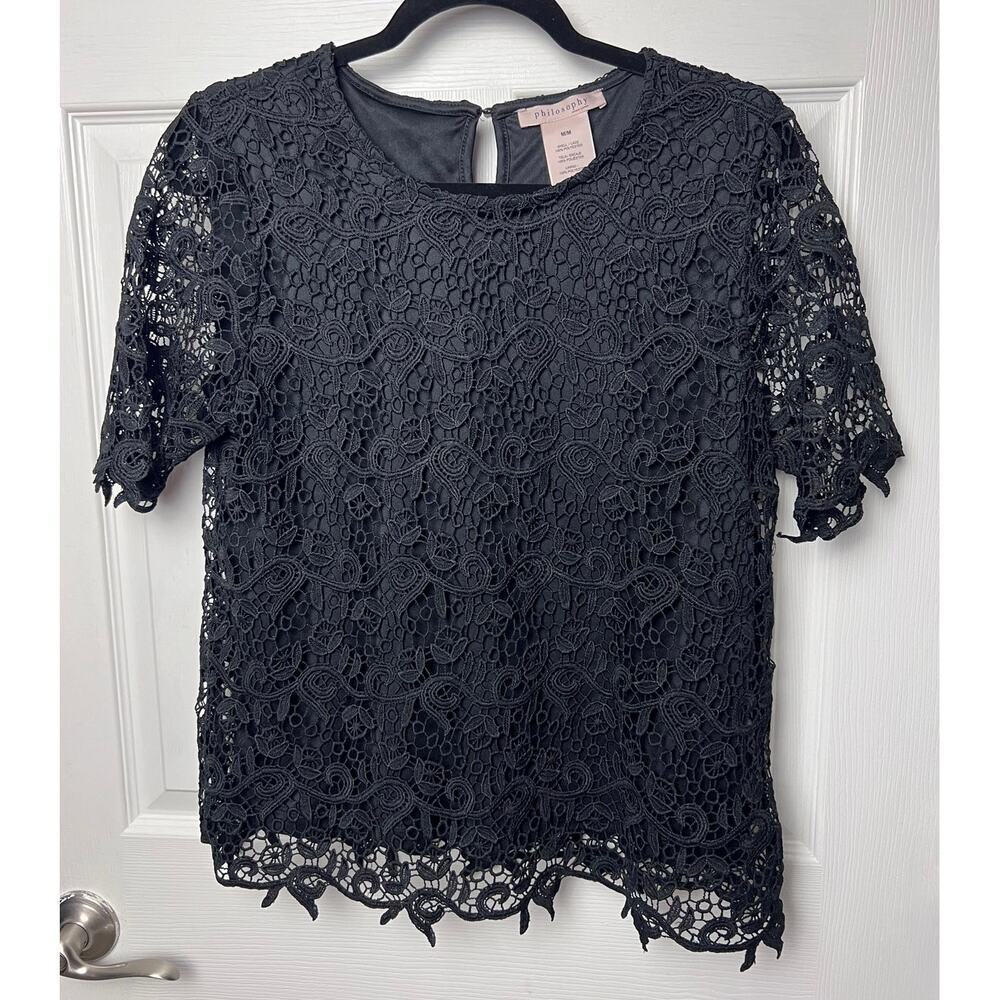 Philosophy Black Double Layer Lace Short Sleeve Top Women's Size Medium